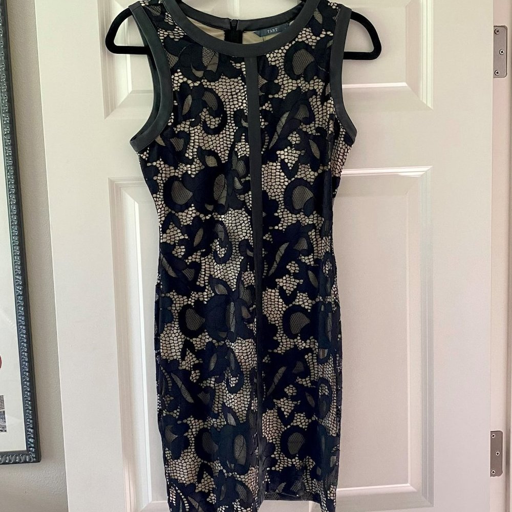 Gorgeous floral mesh lace sleeveless sheath dress with vegan leather trim